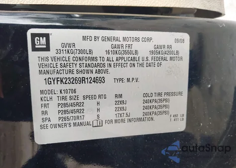 2009 Cadillac Escalade Standard из США, поврежденный, VIN 1GYFK23269R124693